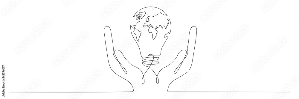 Poster hands hold lightbulb with earth map one continuous line drawing. vector isolated on white background