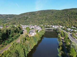 Obraz premium Fachbach town and River Lahn German Rhineland-Palatinate, drone aerial view ..