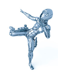 astronaut girl on sci-fi suit is doing a left kick