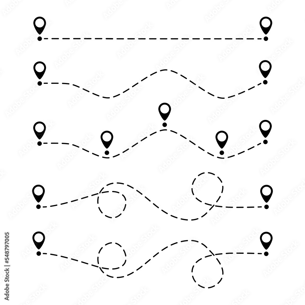 Poster pin map dotted line route set. destination sign. navigation pointers collection. vector illustration