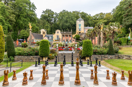 Portmeirion, beautiful village in Wales, UK with colorful italian style buildings and gardens 