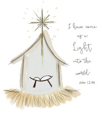 The newborn Jesus is lying in a manger. The star of Bethlehem points the way to Jesus. Idea for a postcard