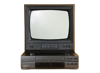 Old vintage 1970s TV and VCR isolated on white background.Vintage TVs 1960s 1970s 1980s 1990s 2000s. 
