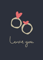 Hand-lettered phrase Love you and two wedding rings like-gold. Retro 60s, 70s design. Vector element for greeting card, social media post. Love, Romance, Valentines Day concept