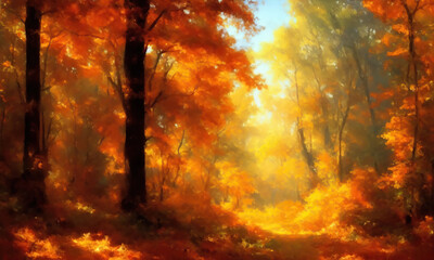 Autumn forest. Nature landscape. Digital colorful illustration.