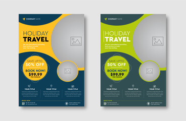 Vacation travel tour agency flyer template design layout. Summer and holiday traveling business advertisement a4 brochure flyer or poster vector template design.