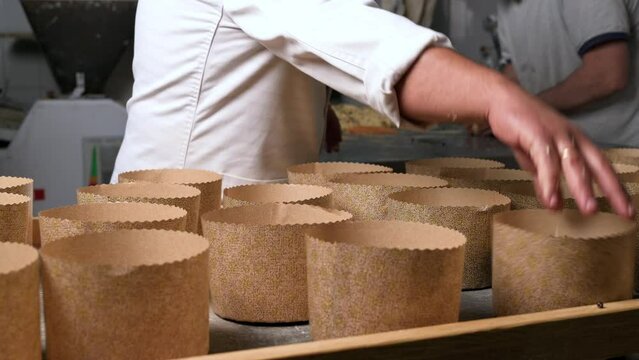 Artisan italian baker putting panettone christmas cake dough into molds. High quality 4k footage