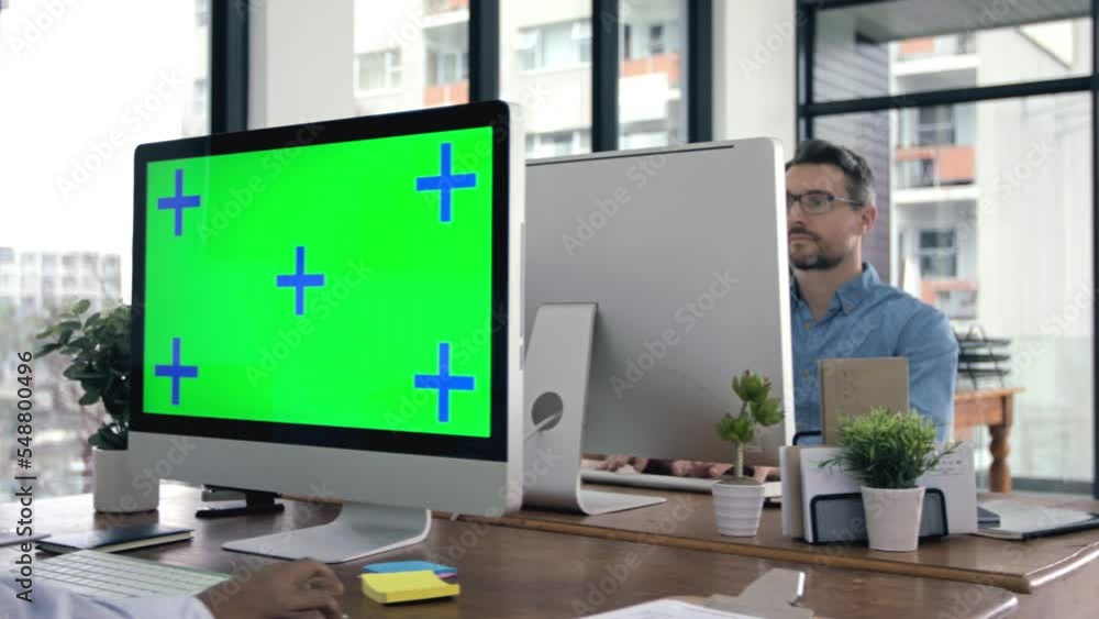 Poster businessman on computer, mock up or green screen with chroma tracking marker for business web, marke