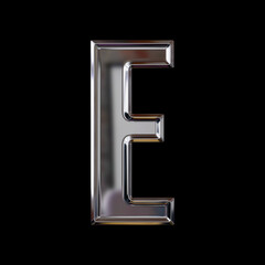 Initial letter E with 3D rendering and shiny metal texture (chrome, steel, silver), bold typeface, metallic uppercase font, works well on dark backgrounds