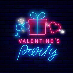 Valentines Day party neon signboard. Invitation template on brick wall. Shiny advertising. Vector stock illustration
