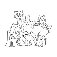 Fototapeta na wymiar Lots of cute cats. Background from cats. Coloring. Vector illustration. Cute and funny cats doodle vector set. Cartoon cat or kitten characters design collection with flat color in different poses.