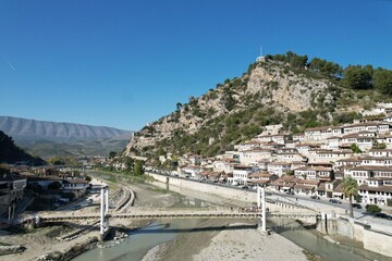 Berat is a city on the Osum River, aerial panorama landscape view of historical city,castle and...