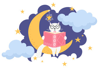 Bedtime reading. Cute cat reading book on the moon. Children's illustration.