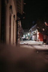 Snowy street in a small town at Christmas time