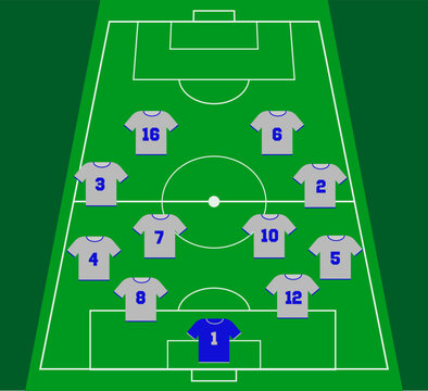 Football team formation. Soccer or football field with 11 shirt with numbers