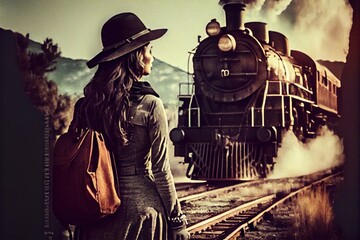 A 1970s era woman walking along up the railroad track towards an approaching steam locomotive, vintage film