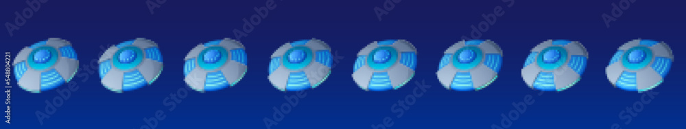 Poster flying ufo saucer animation sprite sheet effect. alien spaceship sequence frame, unidentified flying