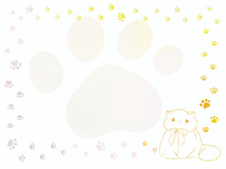 イラスト素材:かわいい足跡と猫と肉球のフレーム(パステルカラー)