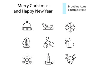 Merry Christmas and Happy New Year outline icons collection. Sleigh, hot drink and snowflake. Vector stock illustration