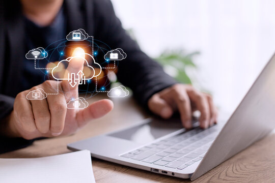 Icon cloud computing network and icon connection data information. Cloud computing and technology concept.