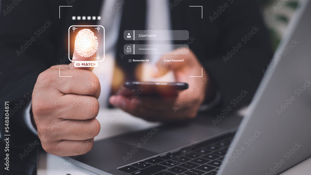 Aufkleber security of future technology and cybernetics on the internet, finger scanning allows access to secu