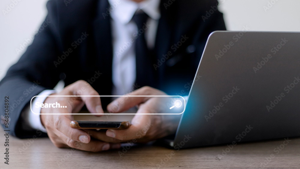 Poster people hand using laptop or computor searching for information in internet online society web with s