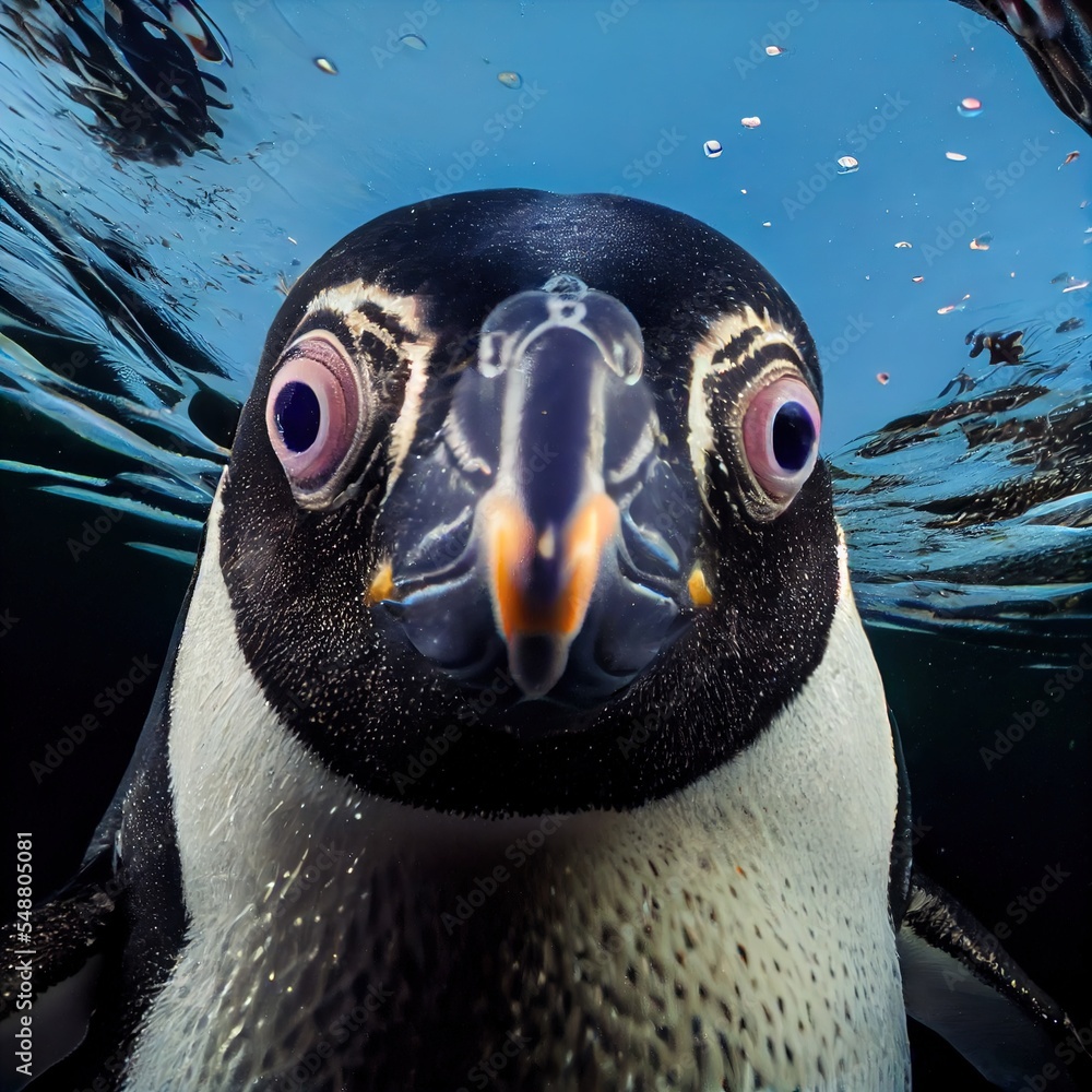 Poster a penguin with a very large eye looking at the camera with a blue background and water around it gen