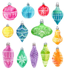 A set of watercolor Christmas toys of different shapes.