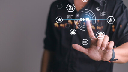 Businessmen holding a smartphone with icons of BNPL with online shopping icons technology. BNPL Buy now pay later online shopping concept.