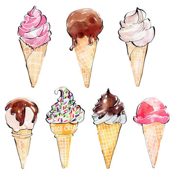 Ice cream painted in watercolor. Drawn watercolor illustration.