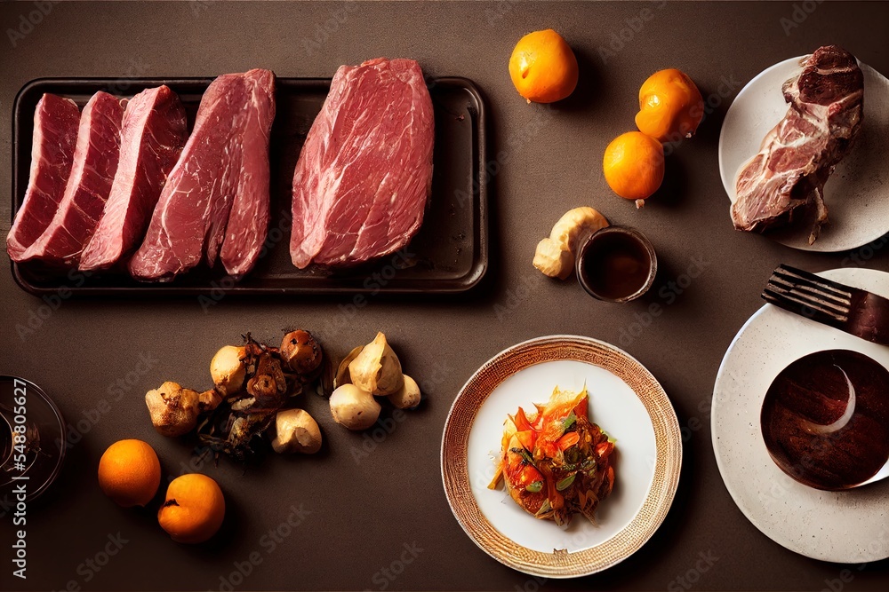 Poster a table with a tray of meat generative ai