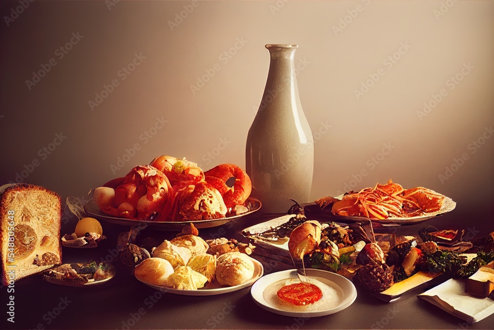 Poster a table topped with plates of food and a vase of fruit and vegetables on it's side generative ai