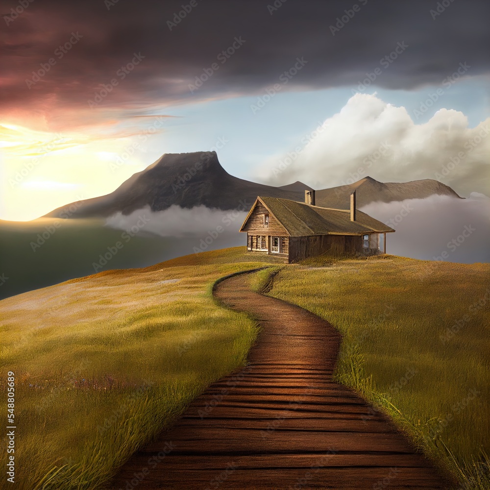 Poster a painting of a house on a hill with a path leading to it and a mountain in the background generativ