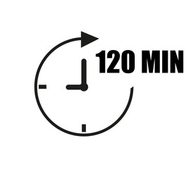 120 minutes clock vector with pointer. Black clockwise arrow with white background