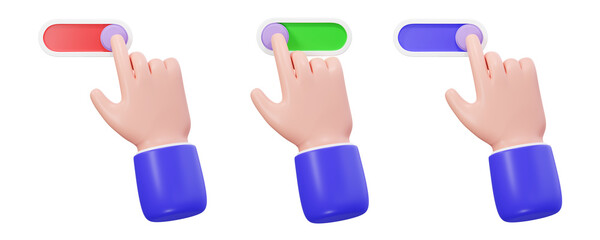 3d hand tap icon isolated on transparent background. Human finger press button, 3d rendering illustration. Hand using slide bar switch sign, pointing gesture, 3d render