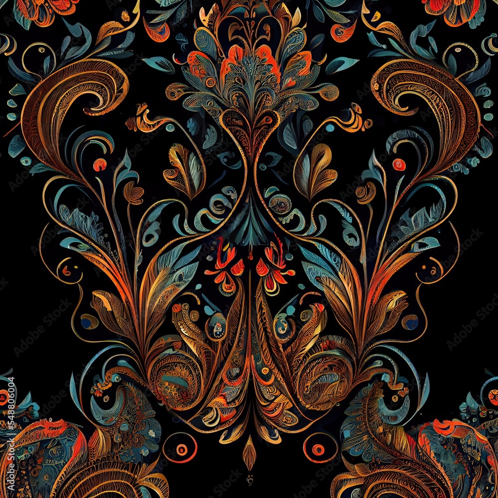 Poster a black background with a colorful design on it's side and a red and blue design on the bottom gener