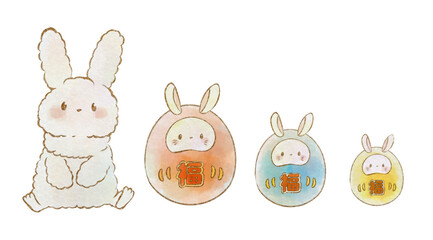 Fototapeta premium イラスト素材:うさぎと３つのうさぎの達磨(手描き水彩風)