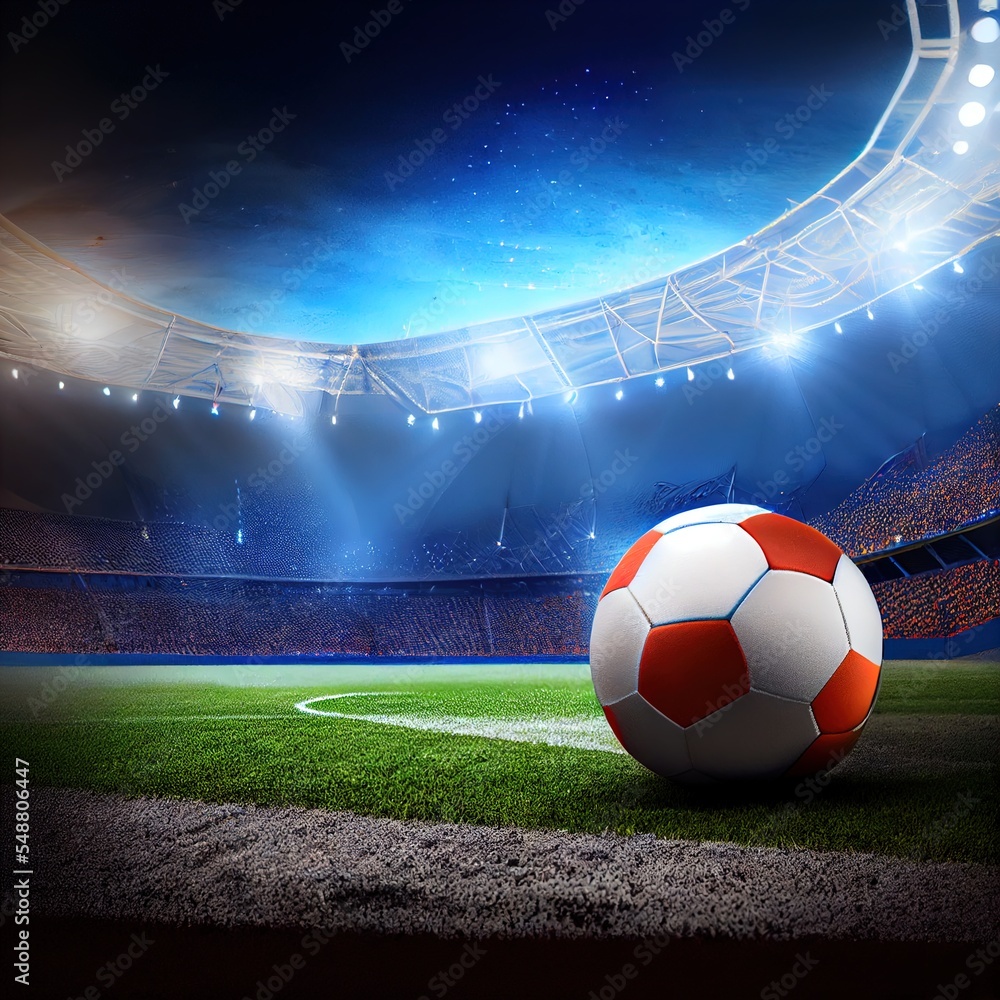 Poster a soccer ball on a field in a stadium with a bright sky background and a stadium lights in the backg