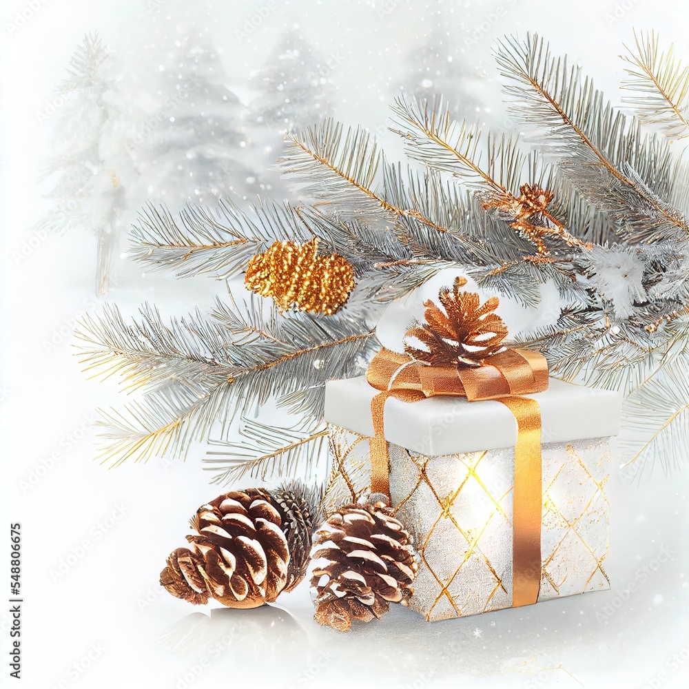 Poster a present box with a gold ribbon and pine cones on a white background with snow and pine cones on th