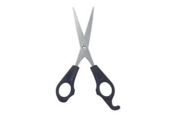 scissors, hairdressing scissors with plastic black handles isolated from background