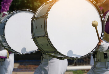 big drums, parade drums of the high school orchestra in the sports day parade. Soft and selective...