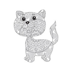 Zentangle cat mandala coloring page for adults christmas cat and floral animal coloring book isolated on white background antistress coloring page vector illustration