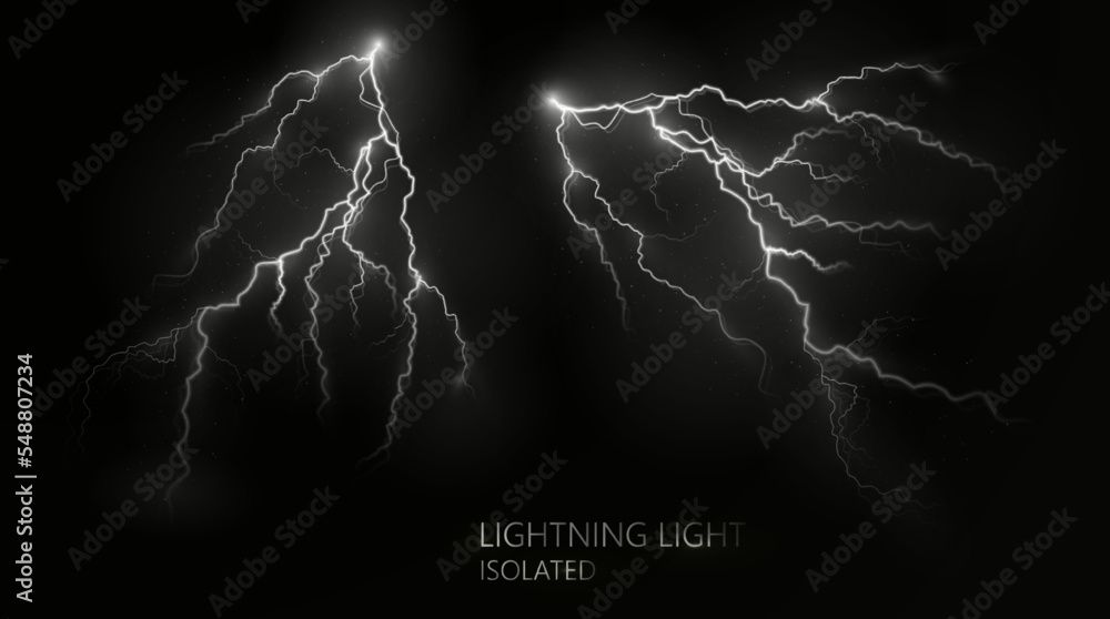 Poster Light white isolated vector lightning png. Magic light abstract lines. Realistic natural lightning effects, Black transparent background.