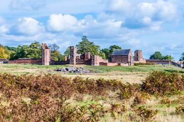 Fototapeta premium A view towards the ruins of Bradgate House in Bradgate Park, Leicestershire, UK, in Autumn