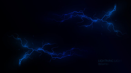 Light blue isolated vector lightning png. Magic light abstract lines. Realistic natural lightning neon effects, black transparent background.