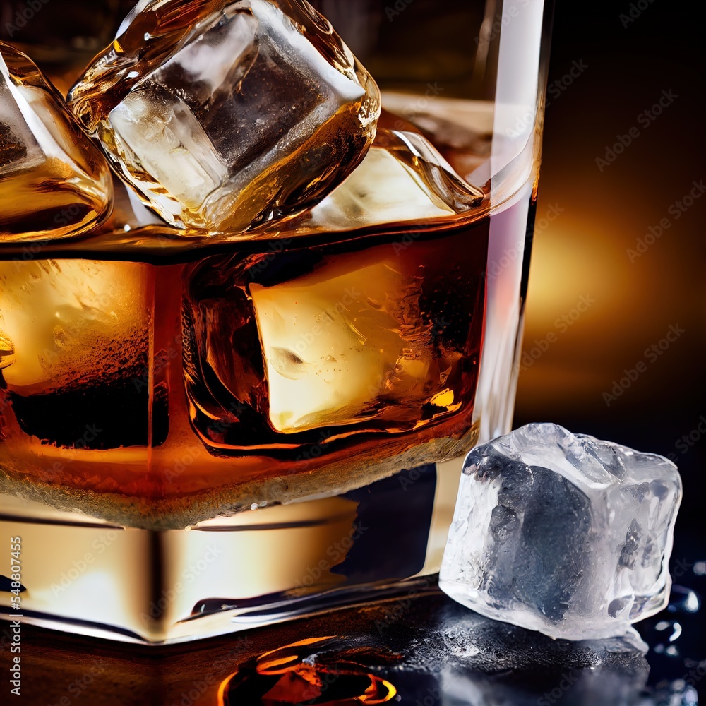 Poster a glass of ice and a block of ice on a table with a black background and a gold frame generative ai