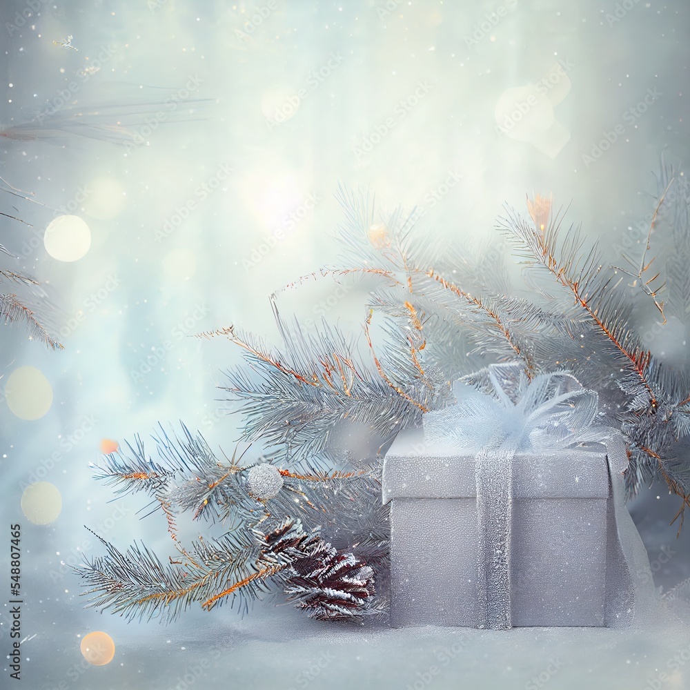 Poster a white present box sitting next to a pine tree in the snow with a pine cone on top of it generative