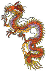 Chinese or Eastern red dragon. Traditional mythological creature of East Asia. Tattoo.Celestial feng shui animal. Side view. Graphic style isolated vector illustration