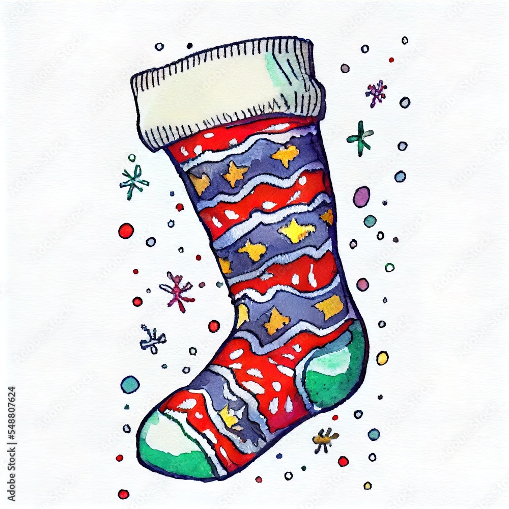 Poster a drawing of a christmas sock with snowflakes and stars on it generative ai