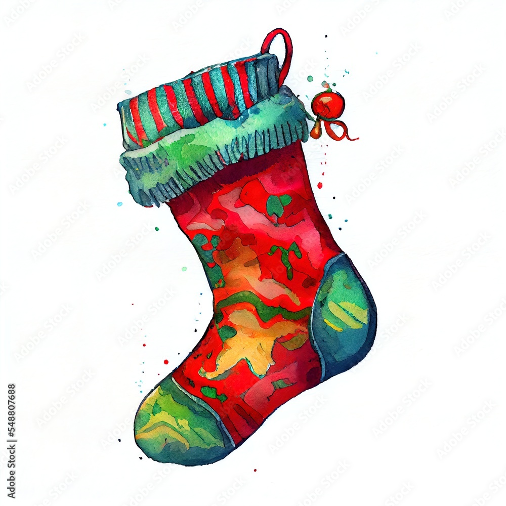 Poster a christmas stocking with a red ribbon and a red bow on it's side generative ai